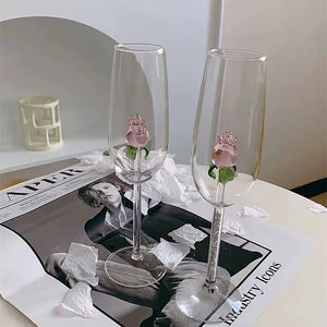 3D Pink Glass Rose Wine Goblet and Champagne Flute Set