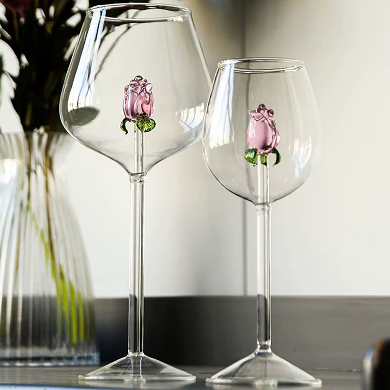 3D Pink Glass Rose Wine Goblet and Champagne Flute Set