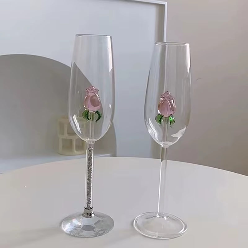 3D Pink Glass Rose Wine Goblet and Champagne Flute Set