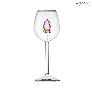 3D Pink Glass Rose Wine Goblet and Champagne Flute Set