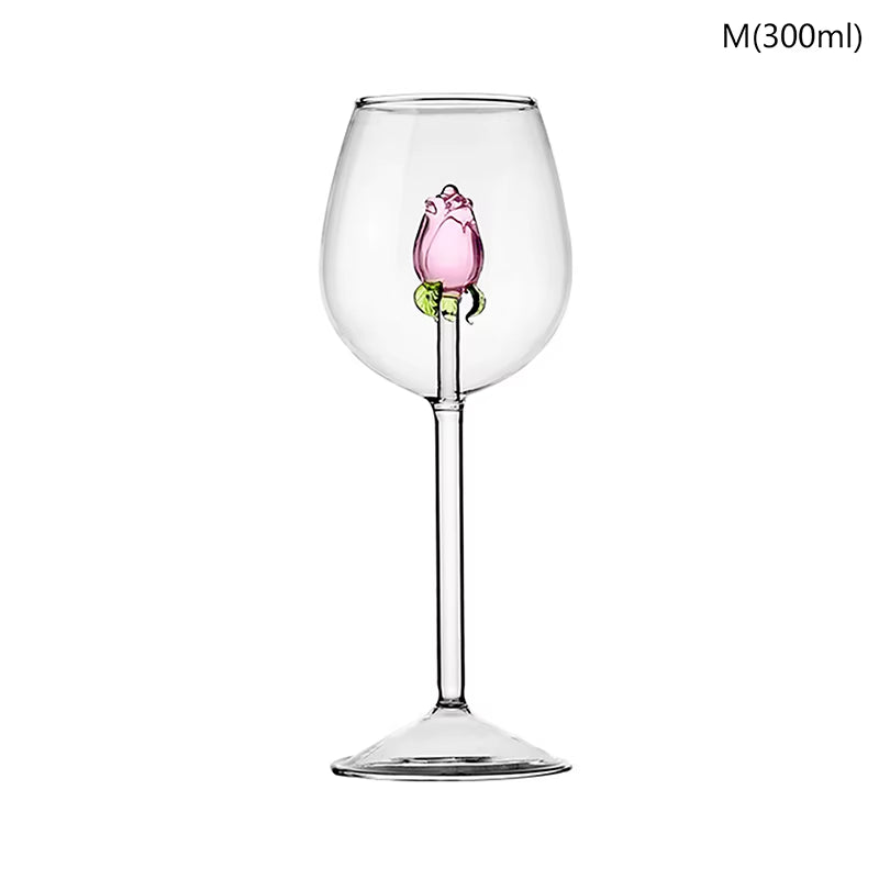 3D Pink Glass Rose Wine Goblet and Champagne Flute Set