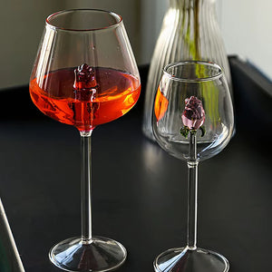 3D Pink Glass Rose Wine Goblet and Champagne Flute Set