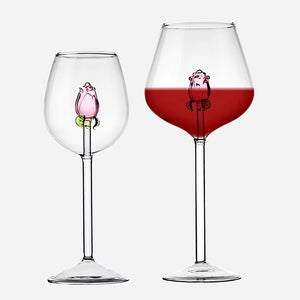 3D Pink Glass Rose Wine Goblet and Champagne Flute Set