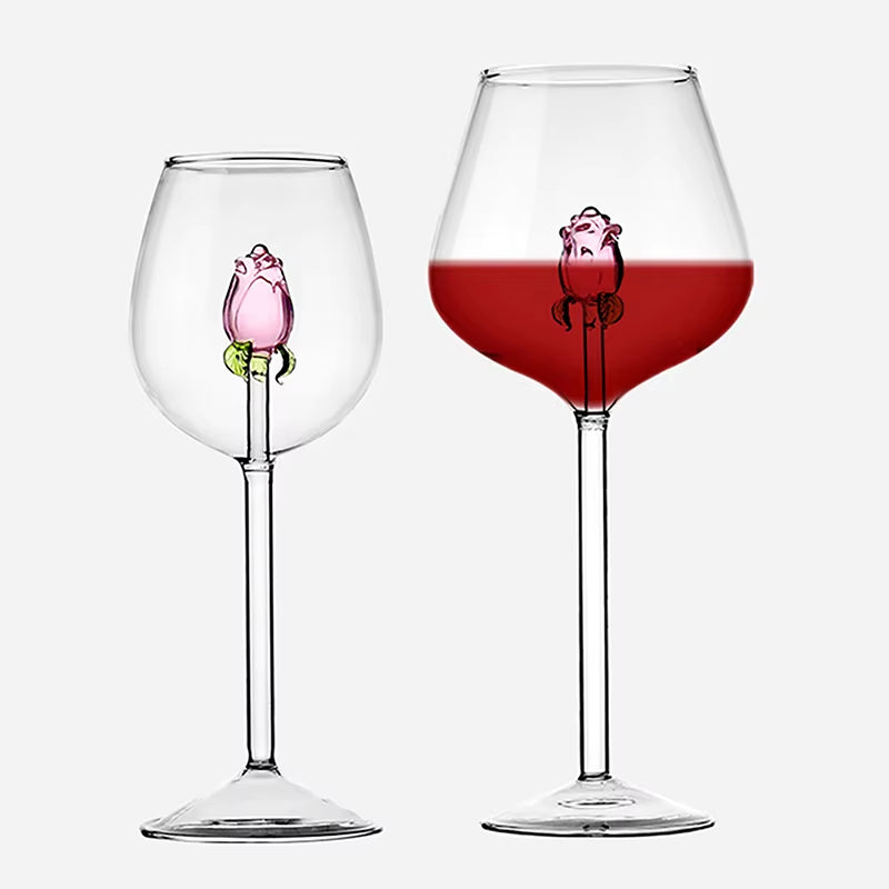 3D Pink Glass Rose Wine Goblet and Champagne Flute Set