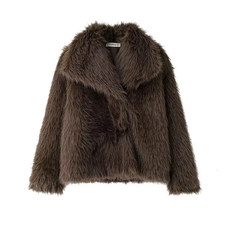 Women's Faux Fur Coat Vintage Lapel Long Sleeves Button Closure