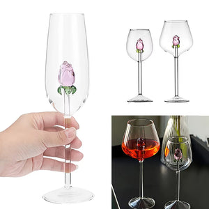 3D Pink Glass Rose Wine Goblet and Champagne Flute Set