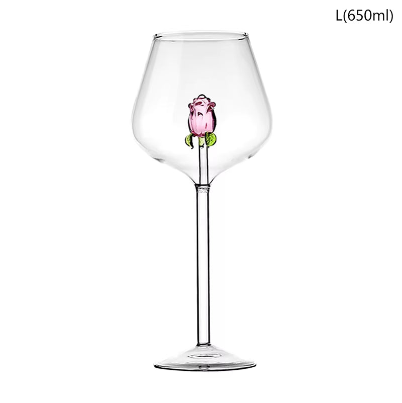 3D Pink Glass Rose Wine Goblet and Champagne Flute Set