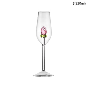 3D Pink Glass Rose Wine Goblet and Champagne Flute Set