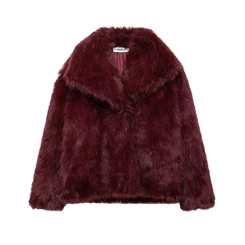 Women's Faux Fur Coat Vintage Lapel Long Sleeves Button Closure